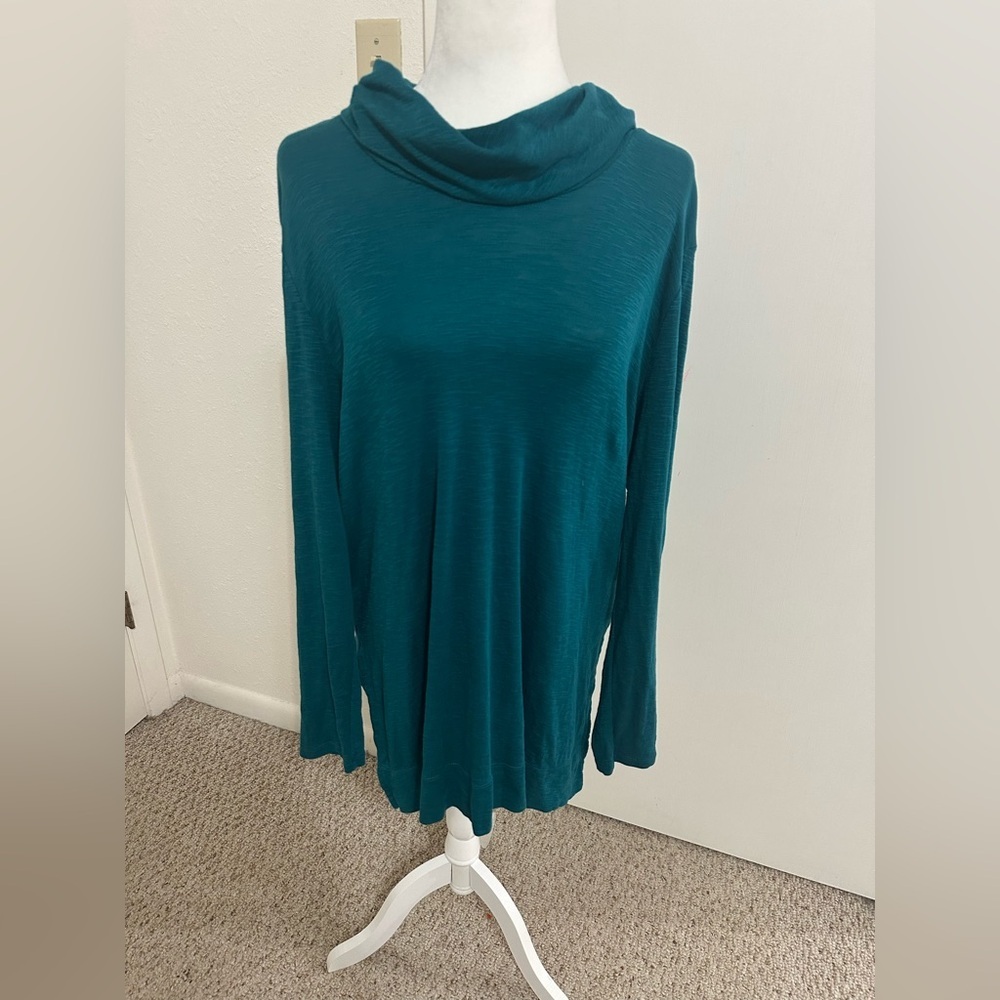 J.jill Teal Cowl Neck Long Sleeve Tunic Top Sz L Pima Cotton